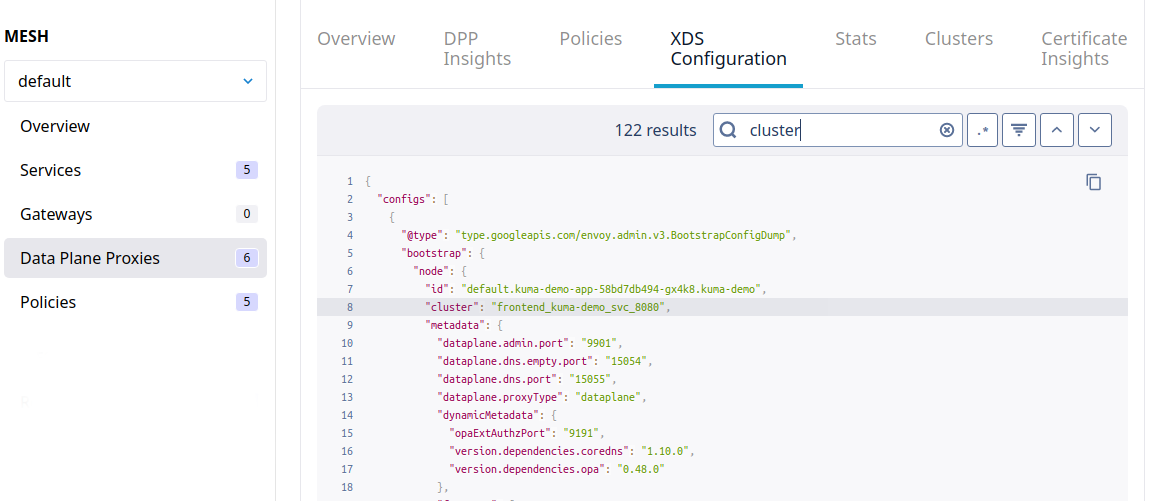 Live search and debugging capabilities for Envoy data plane configuration